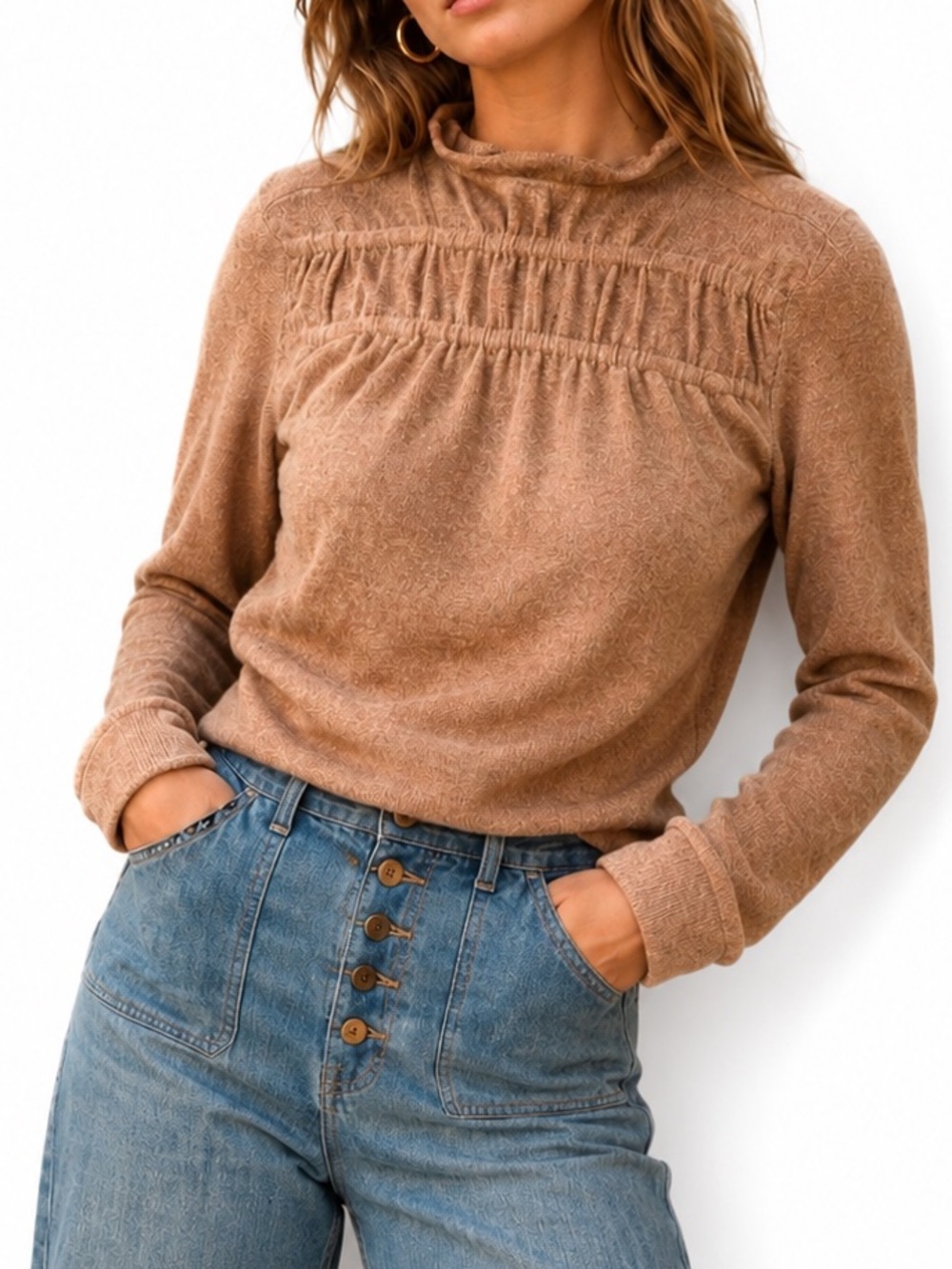 hinge camel ribbed yoke knit top extra small